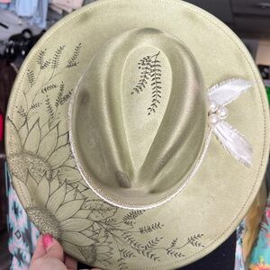 Embellished Olive Green Felt Wide-Brim Hat with Pearl Detail